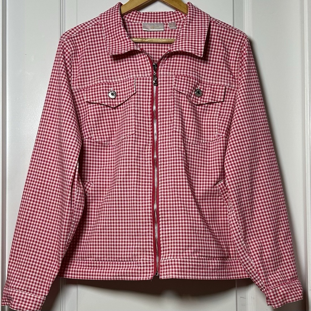 Belle by Kim Gravel Citi Red and White Gingham Print Full Zip Collared Jacket